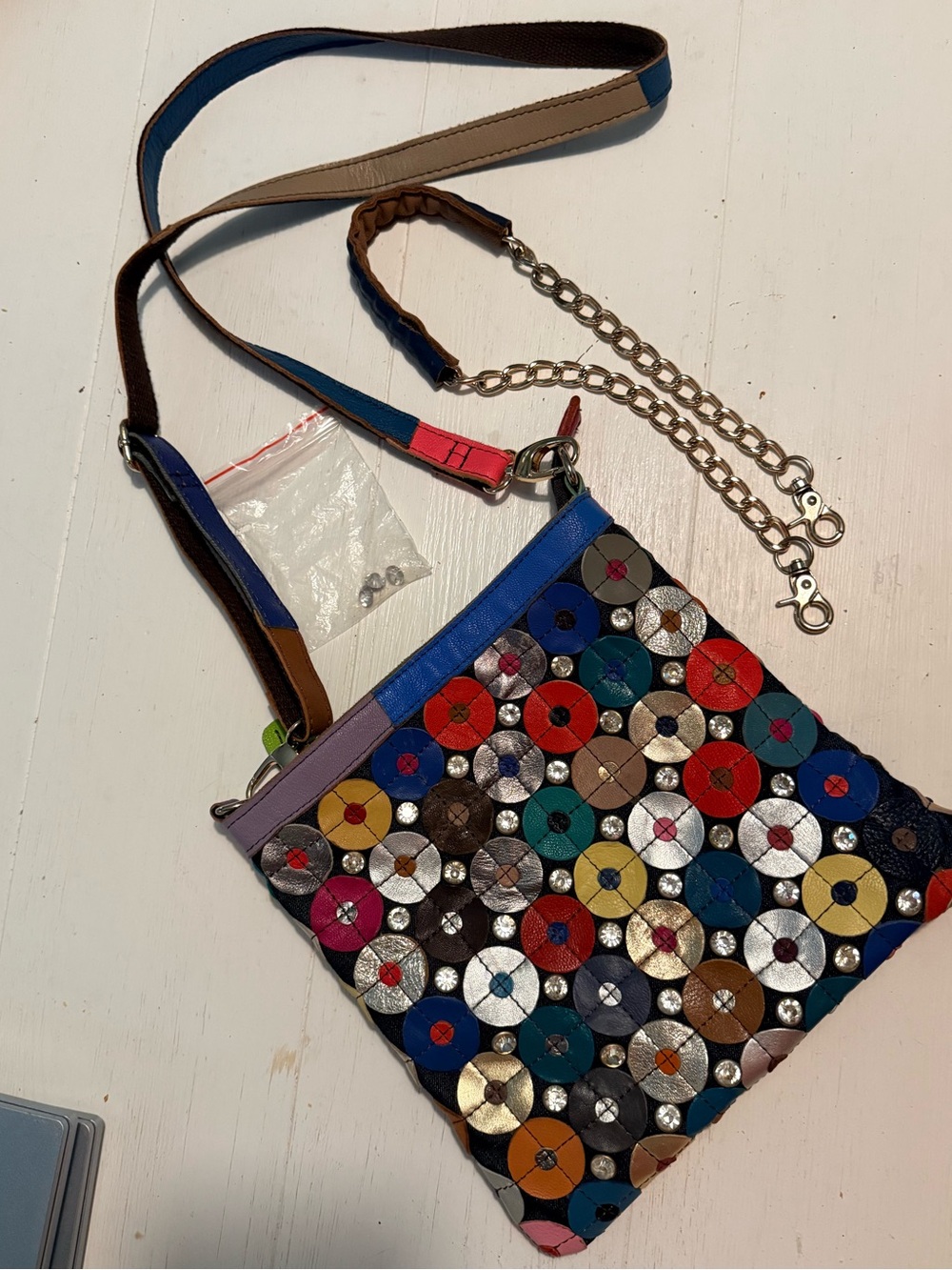 Women’s Leather Embellished Multicolor Crossbody. Detachable Chain Strap, Studs
